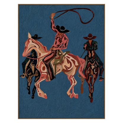 Blue Rodeo vertical artwork in a natural wood frame on a transparent background.