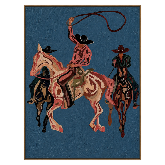 Blue Rodeo vertical artwork in a natural wood frame on a transparent background.