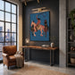 Blue Rodeo painting above a wooden console against a dark brick wall.