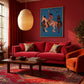 Blue Rodeo painting above a red sofa beneath a pendant light.