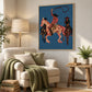 Blue Rodeo painting above pale seating beside a floor lamp.
