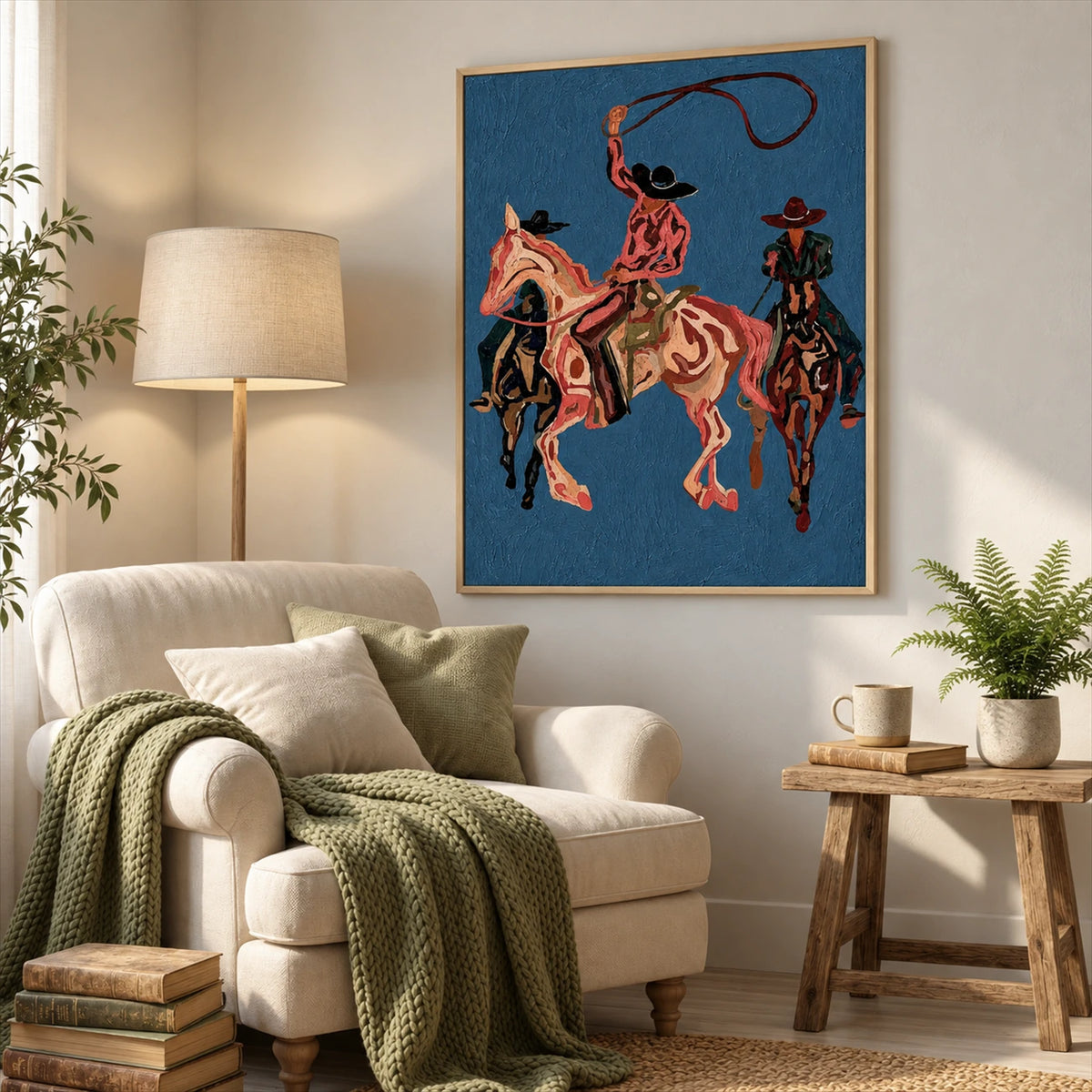 Blue Rodeo painting above pale seating beside a floor lamp.
