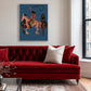 Blue Rodeo painting above a red velvet sofa beside a window.