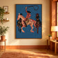 Blue Rodeo painting on a warm sunlit wall beside a low cabinet.