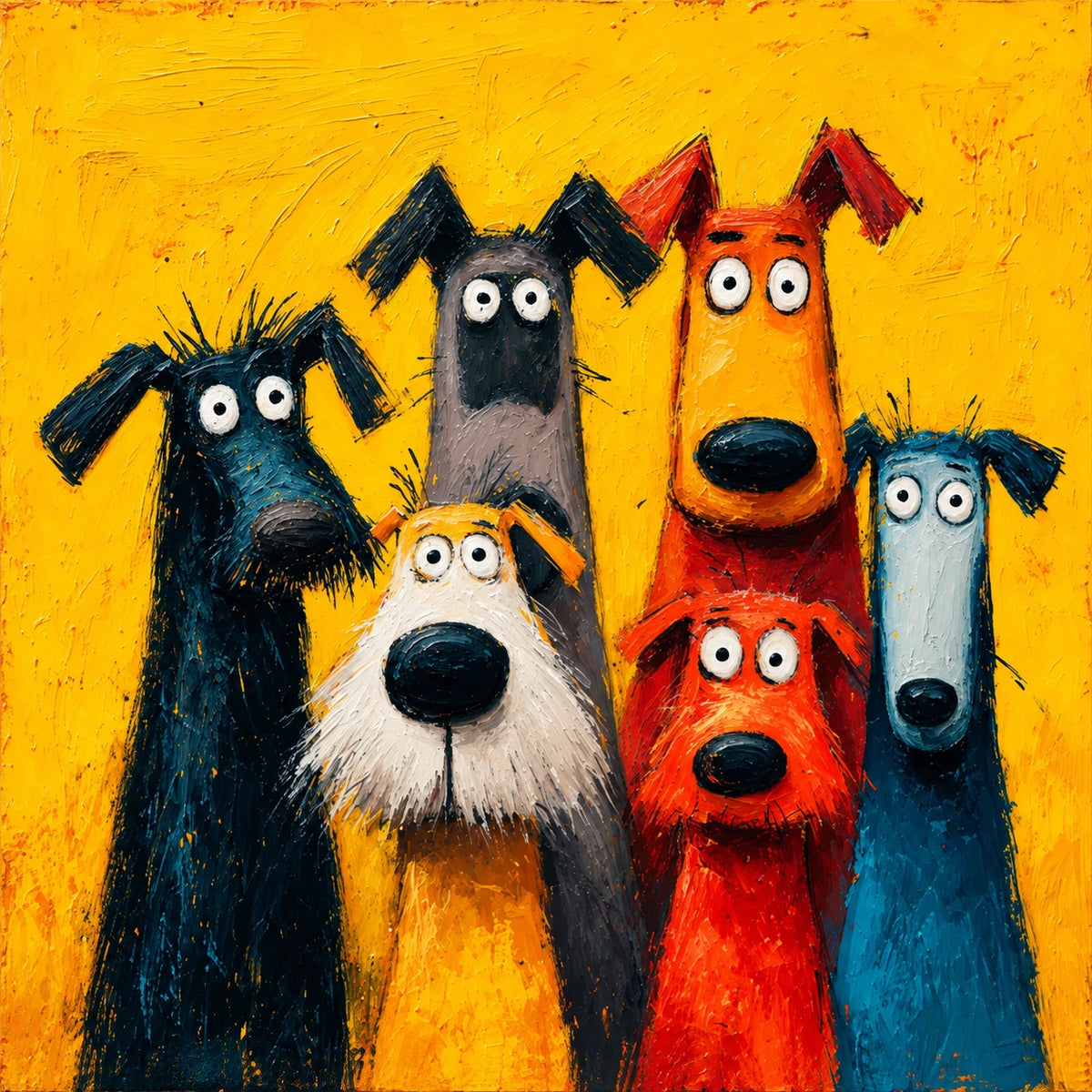 Six wide-eyed dogs gather against a vivid yellow ground, their elongated faces and crooked ears forming a playful group portrait. Full artwork without a frame.