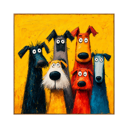 Curious Canines square artwork in a natural wood frame on a transparent background.