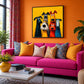 Curious Canines painting above a pink sofa with colorful cushions.