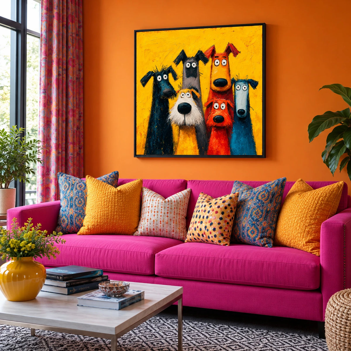 Curious Canines painting above a pink sofa with colorful cushions.
