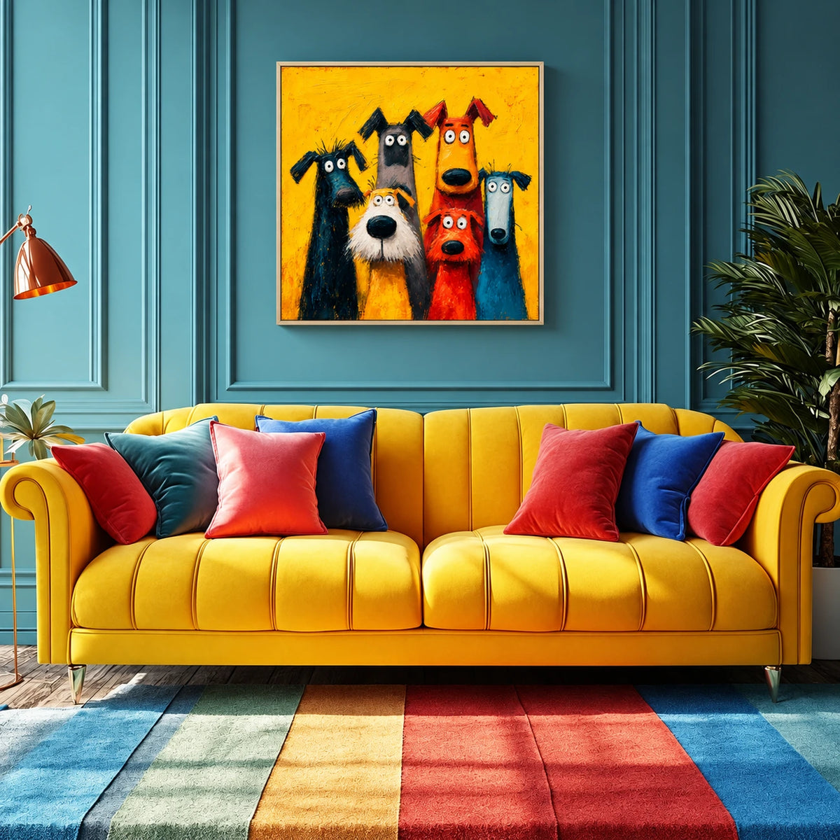 Curious Canines painting above a yellow sofa against a teal wall.