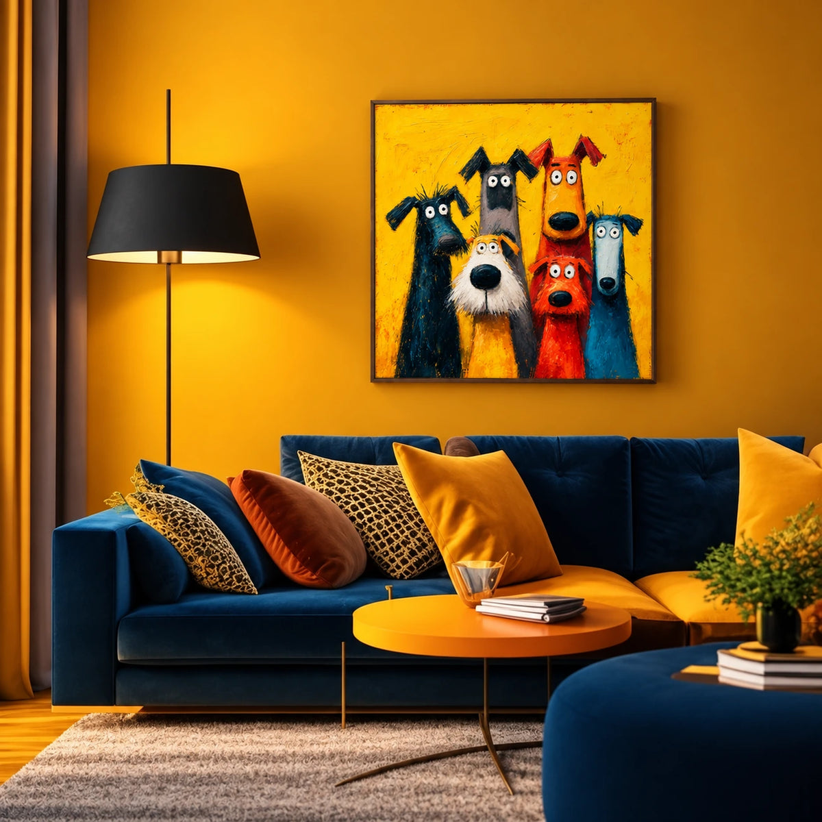 Curious Canines painting above a dark blue sofa beside a floor lamp.