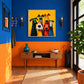 Curious Canines painting above a wooden console against blue and orange walls.