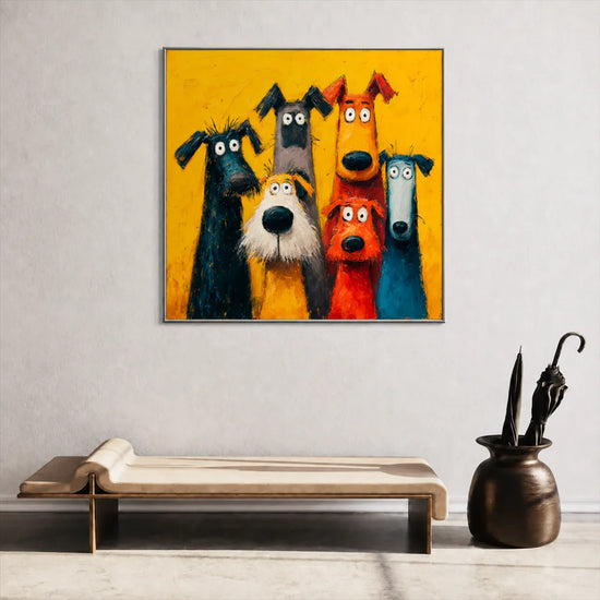 Curious Canines Wall Art displayed above a cushioned bench beside a sculptural vase.