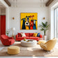 Curious Canines painting above red seating in a bright living room.