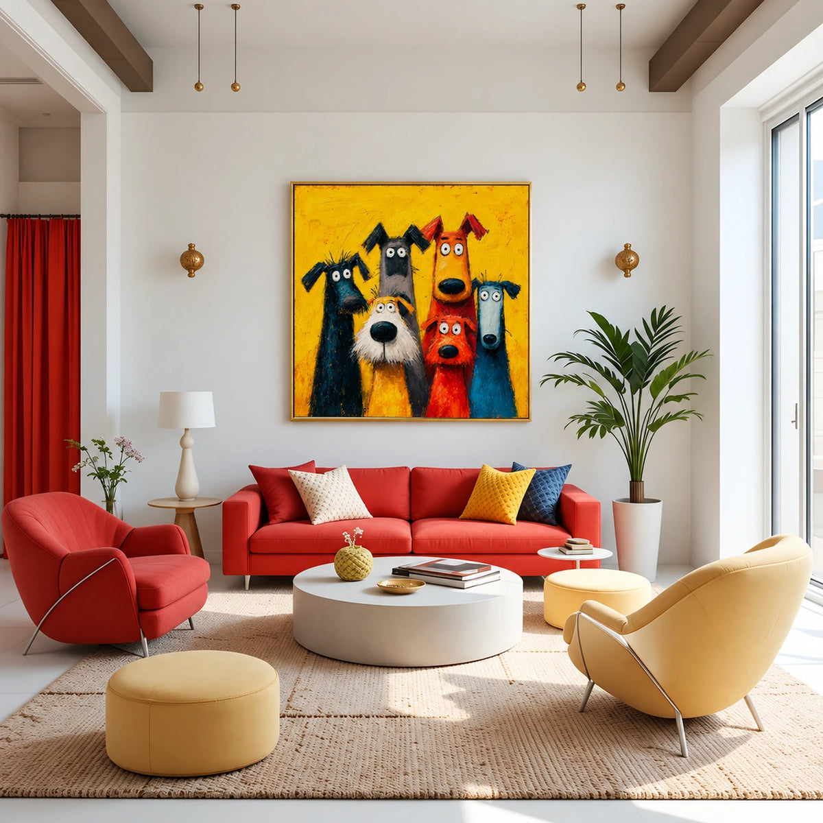 Curious Canines painting above red seating in a bright living room.