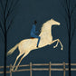 A pale horse carries a blue-clad rider over a wooden fence against a deep twilight sky. Full artwork without a frame.