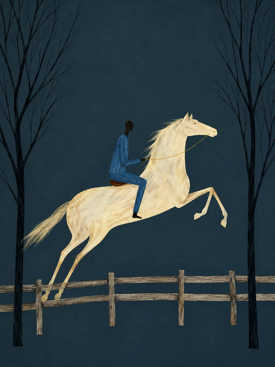 A pale horse carries a blue-clad rider over a wooden fence against a deep twilight sky. Full artwork without a frame.