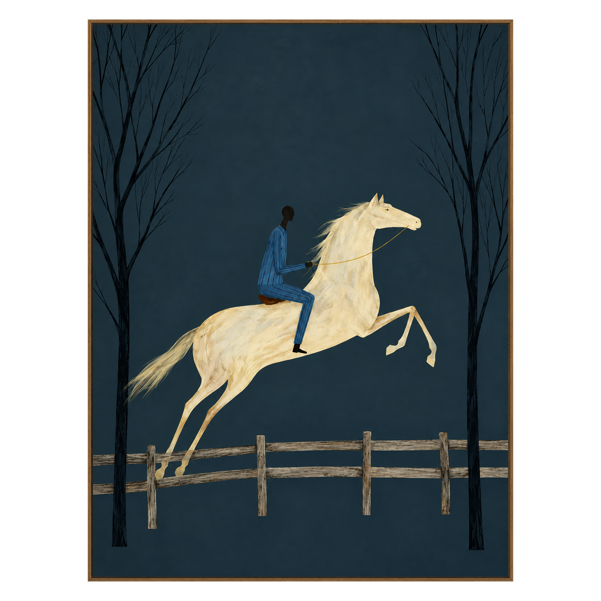 Twilight Leap vertical artwork in a natural wood frame on a transparent background.