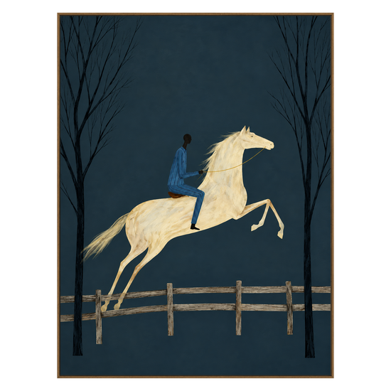 Twilight Leap vertical artwork in a natural wood frame on a transparent background.