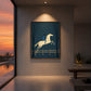 Twilight Leap painting on a warmly lit wall beside sunset windows.