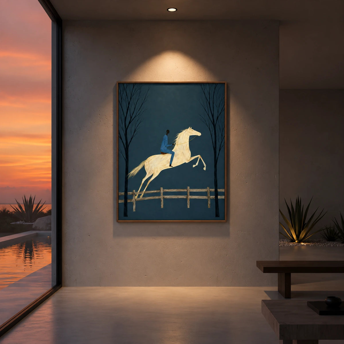 Twilight Leap painting on a warmly lit wall beside sunset windows.