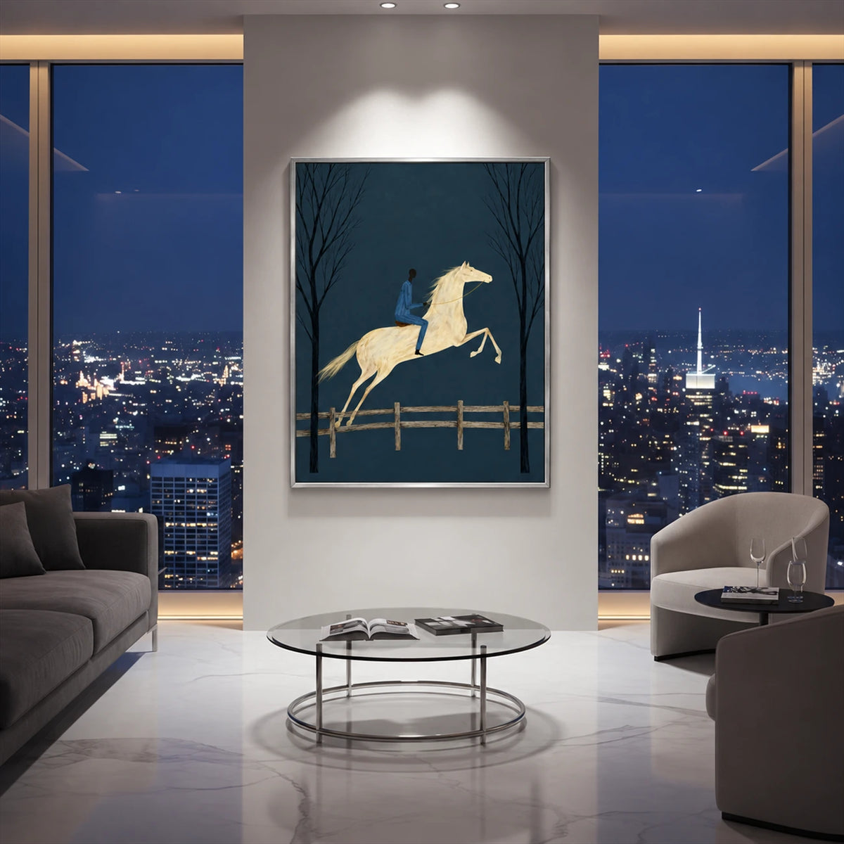 Twilight Leap painting above seating overlooking city lights.