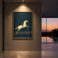 Twilight Leap painting on a dark wall beside a sunset view.