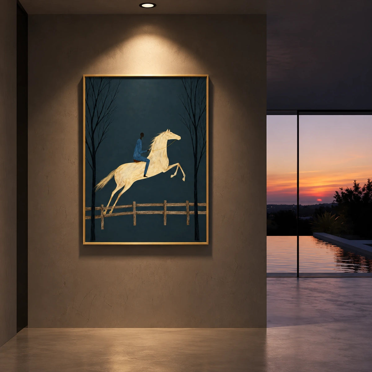 Twilight Leap painting on a dark wall beside a sunset view.