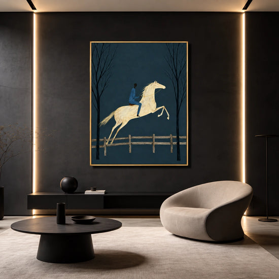 Twilight Leap painting above pale sculptural seating and a dark round table.
