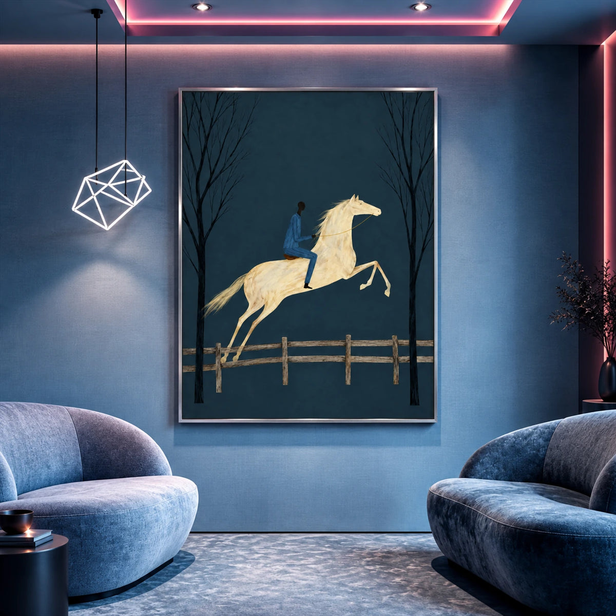 Twilight Leap painting between blue lounge chairs beneath soft accent lighting.