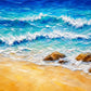 Turquoise Breakers full artwork showing blue waves, white foam, golden sand and ochre rocks; canvas artwork reference without a frame.