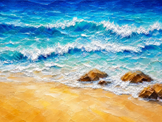Turquoise Breakers full artwork showing blue waves, white foam, golden sand and ochre rocks; canvas artwork reference without a frame.