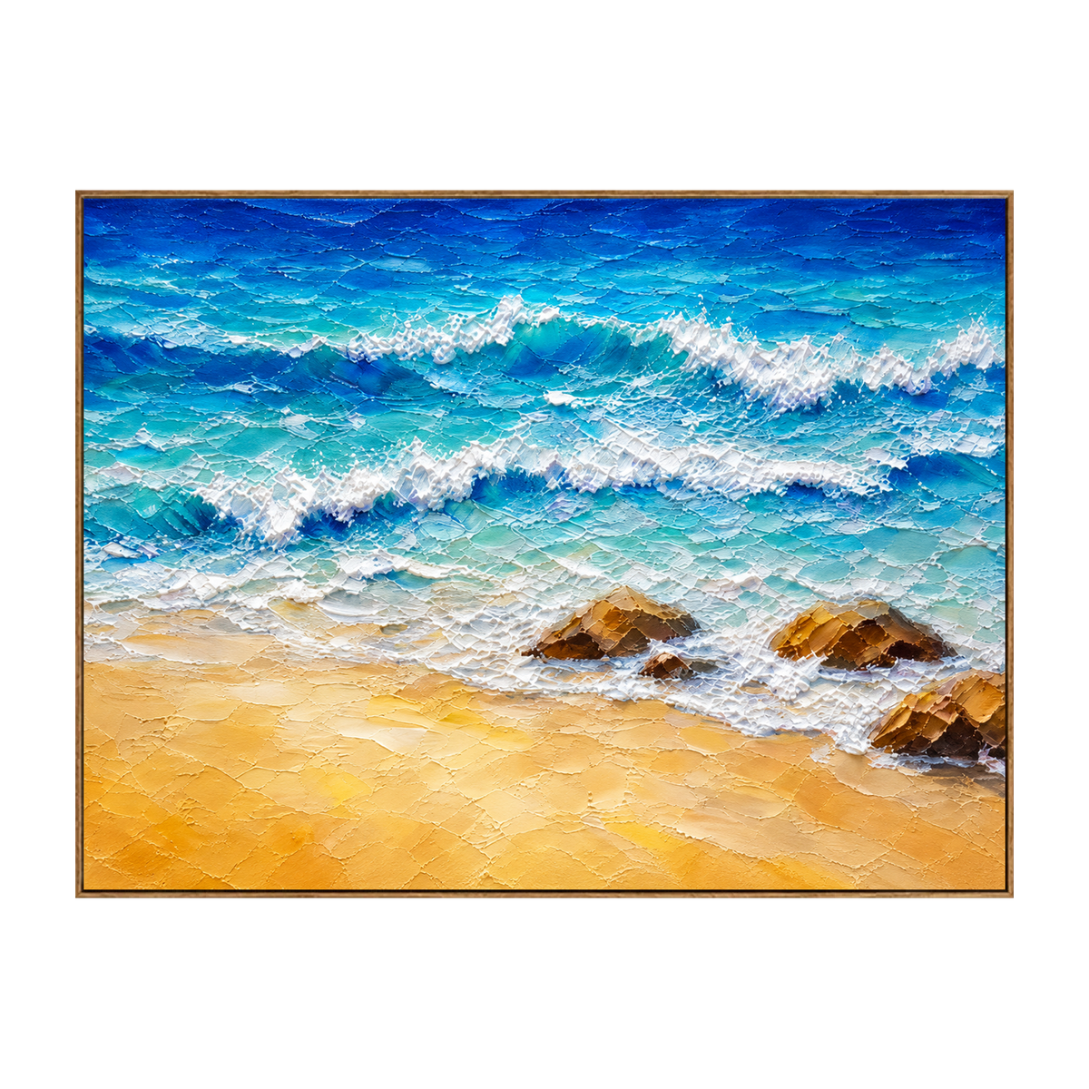 Turquoise Breakers horizontal artwork in a natural wood frame on a transparent background.