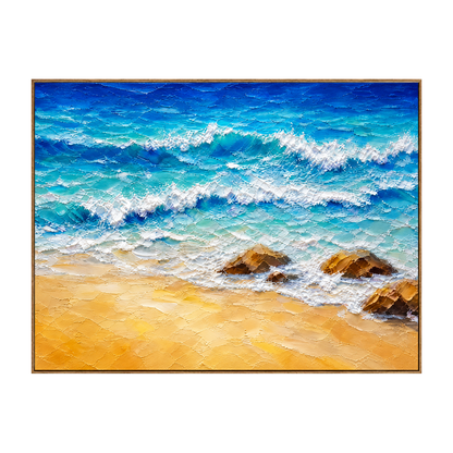 Turquoise Breakers horizontal artwork in a natural wood frame on a transparent background.
