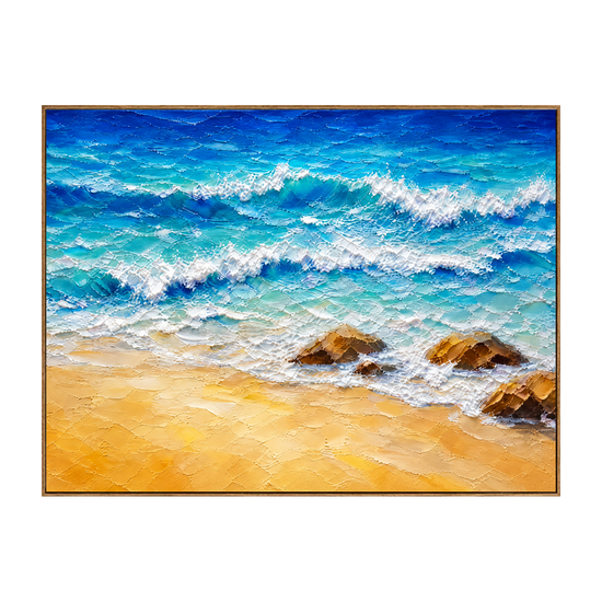 Turquoise Breakers horizontal artwork in a natural wood frame on a transparent background.