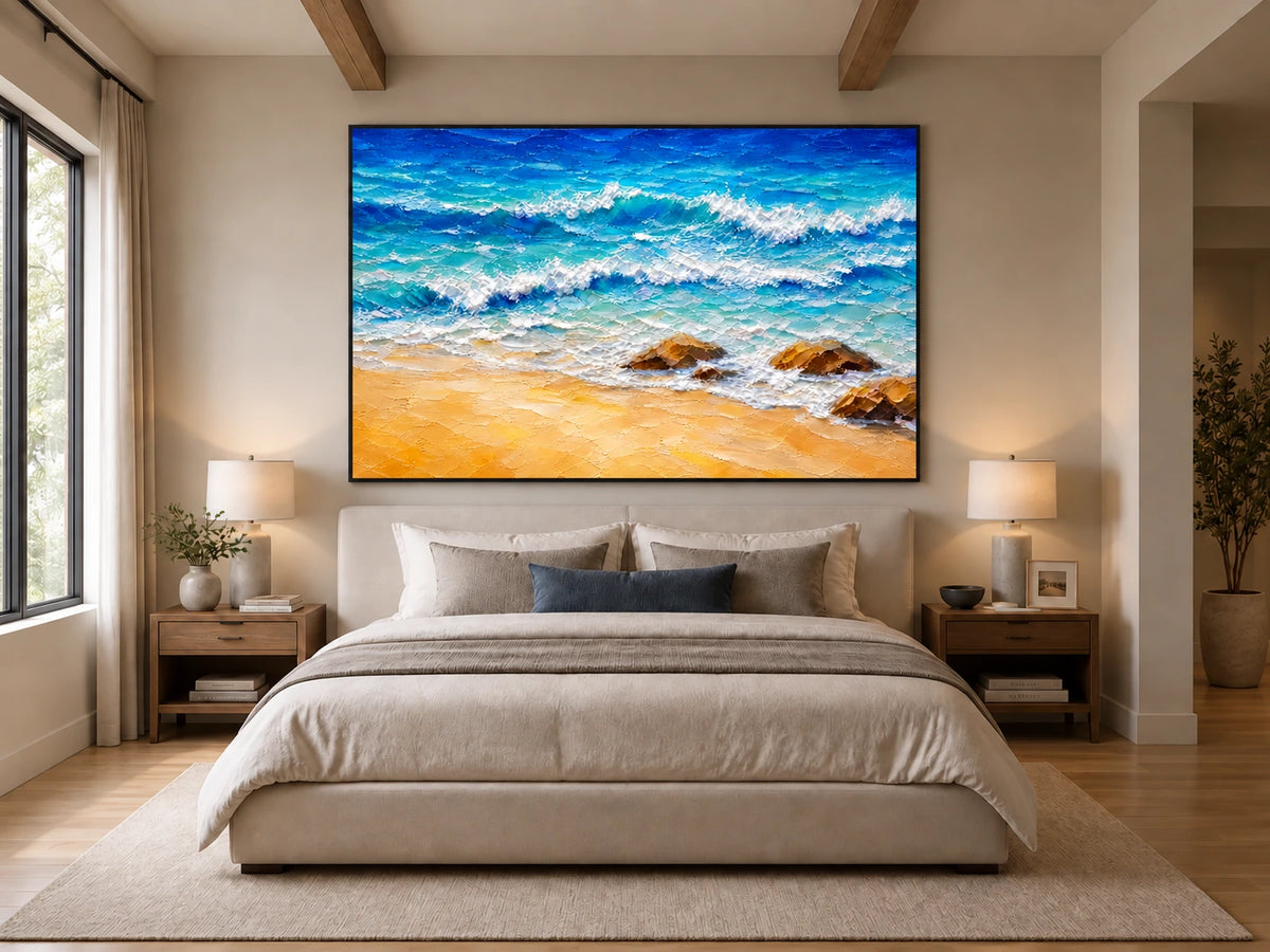 Turquoise Breakers in a slim black frame above a bed with neutral bedding and warm bedside lighting.