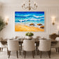 Turquoise Breakers in a slim white frame above a dining table with upholstered chairs and a chandelier.