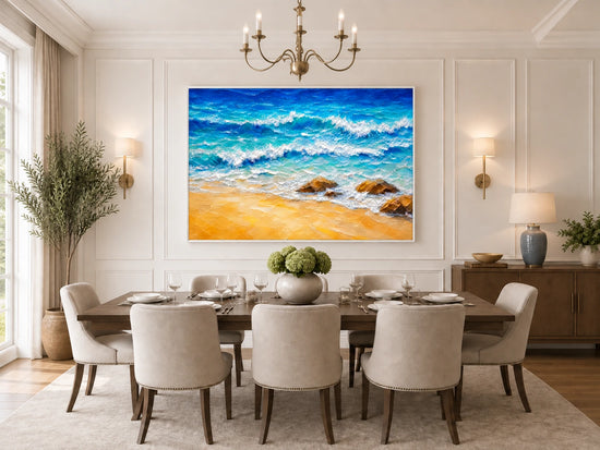 Turquoise Breakers in a slim white frame above a dining table with upholstered chairs and a chandelier.
