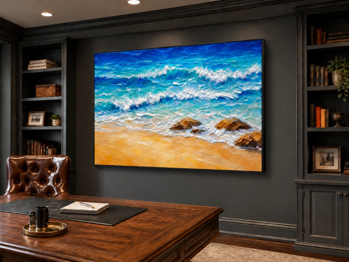 Turquoise Breakers in a slim black frame above a wooden desk in a dark paneled office.