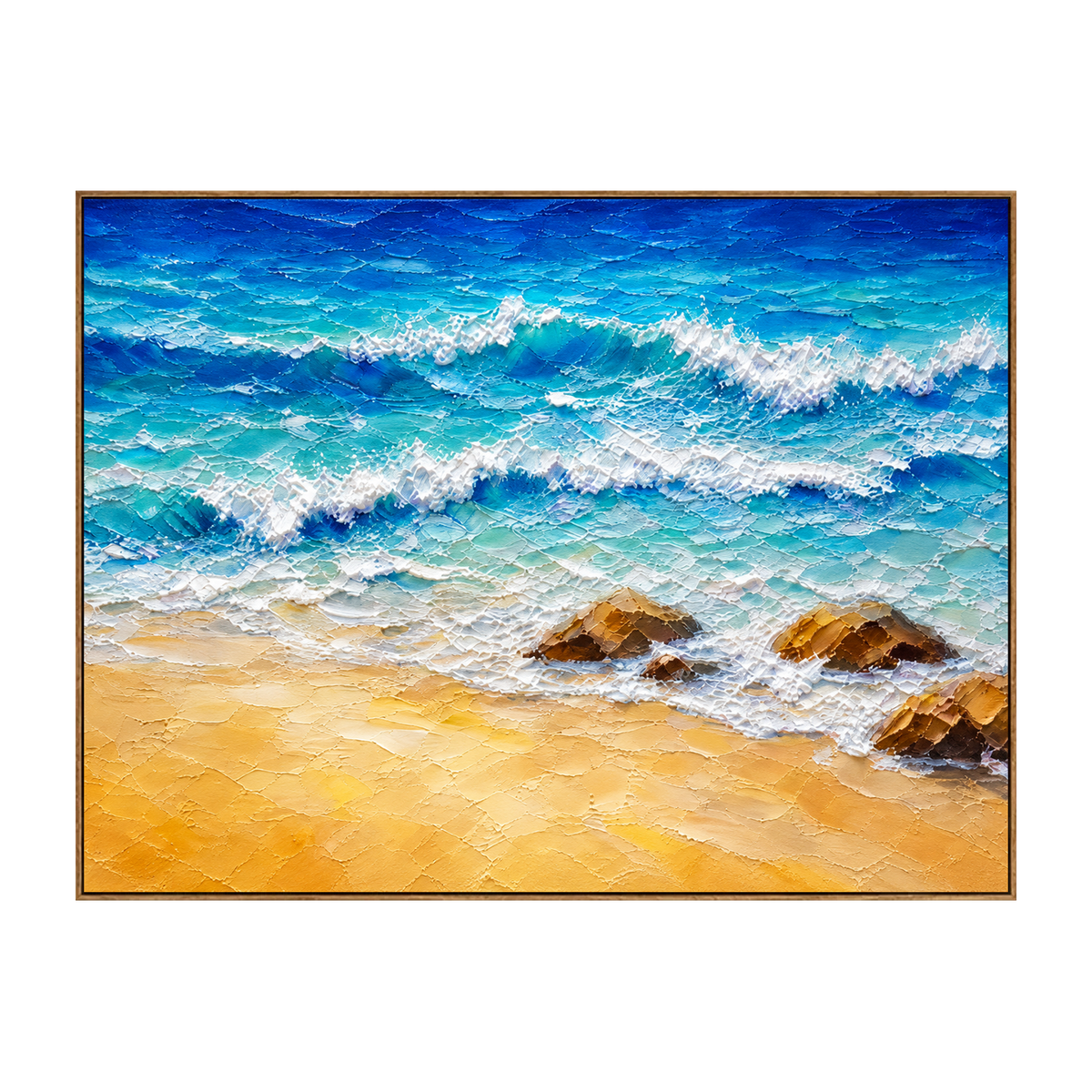 Turquoise Breakers horizontal artwork in a natural wood frame on a transparent background.