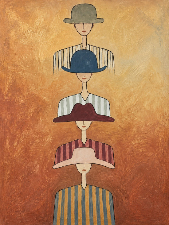Hat Parade full artwork with four stylized figures in striped shirts and hats against a textured ochre and rust background.