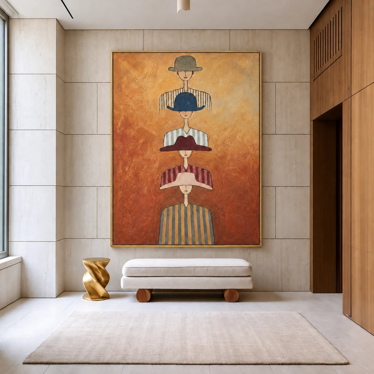 Hat Parade artwork displayed above a pale bench in a spacious entryway with wood paneling.