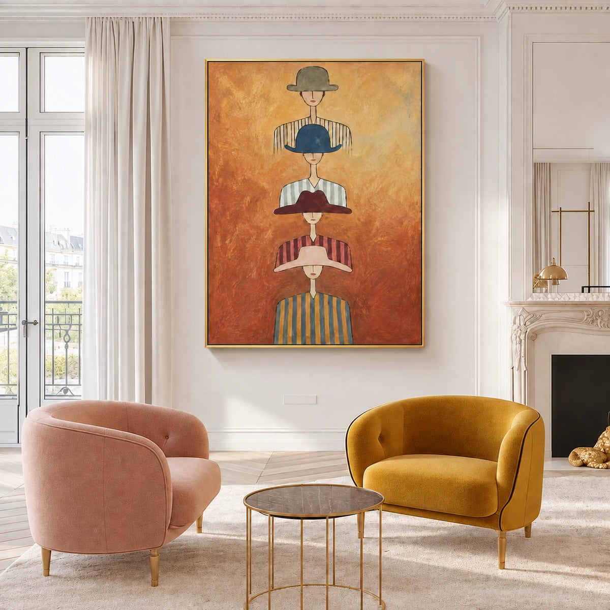 Hat Parade artwork displayed above pink and ochre chairs beside tall windows.