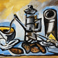 Coffee Angles full artwork. Bold black contours break a coffee pot, cups and pastries into angular shapes across a blue tabletop.