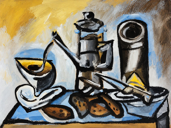 Coffee Angles full artwork. Bold black contours break a coffee pot, cups and pastries into angular shapes across a blue tabletop.