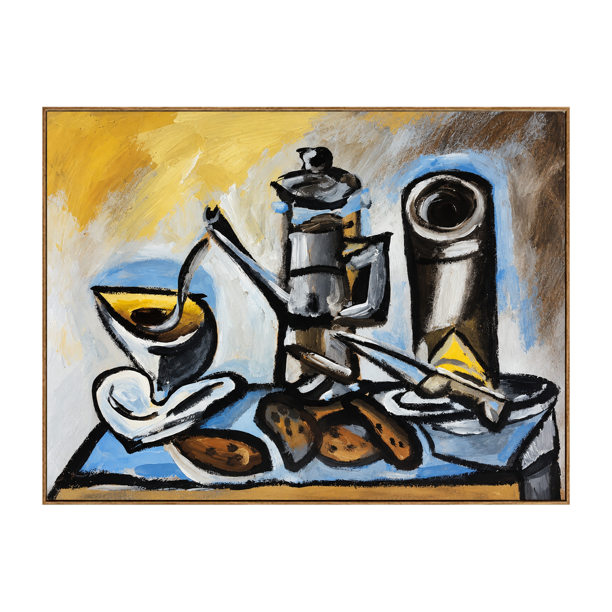 Coffee Angles horizontal artwork in a natural wood frame on a transparent background.