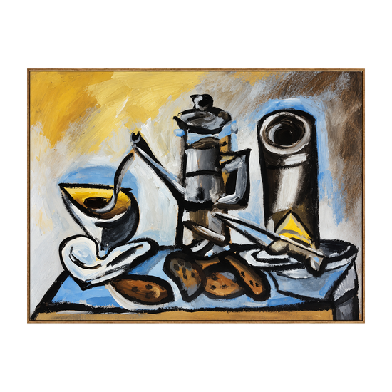 Coffee Angles horizontal artwork in a natural wood frame on a transparent background.