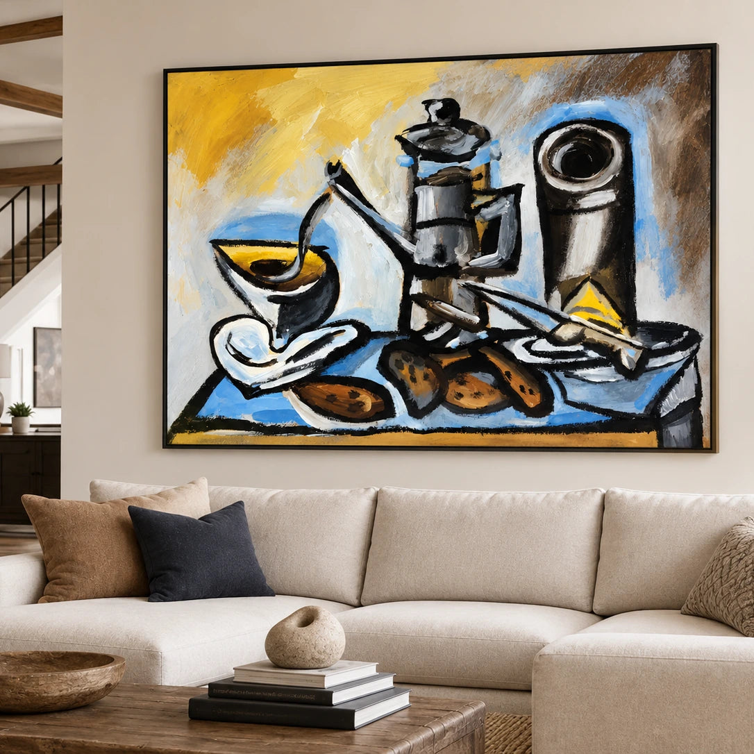 Coffee Angles artwork in a black frame, displayed in a living room (interior view 1).