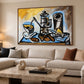 Coffee Angles artwork in a brown wood frame, displayed in a living room (interior view 2).