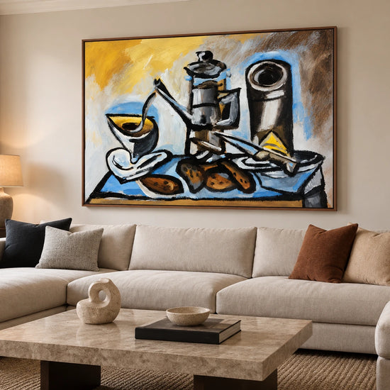 Coffee Angles artwork in a brown wood frame, displayed in a living room (interior view 2).