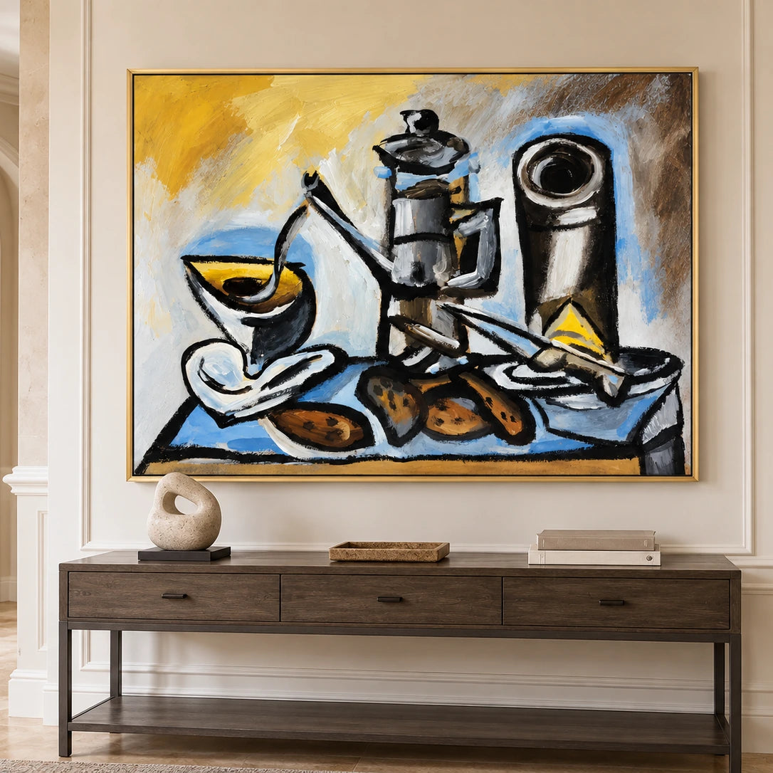 Coffee Angles artwork in a gold frame, displayed in an entryway (interior view 3).